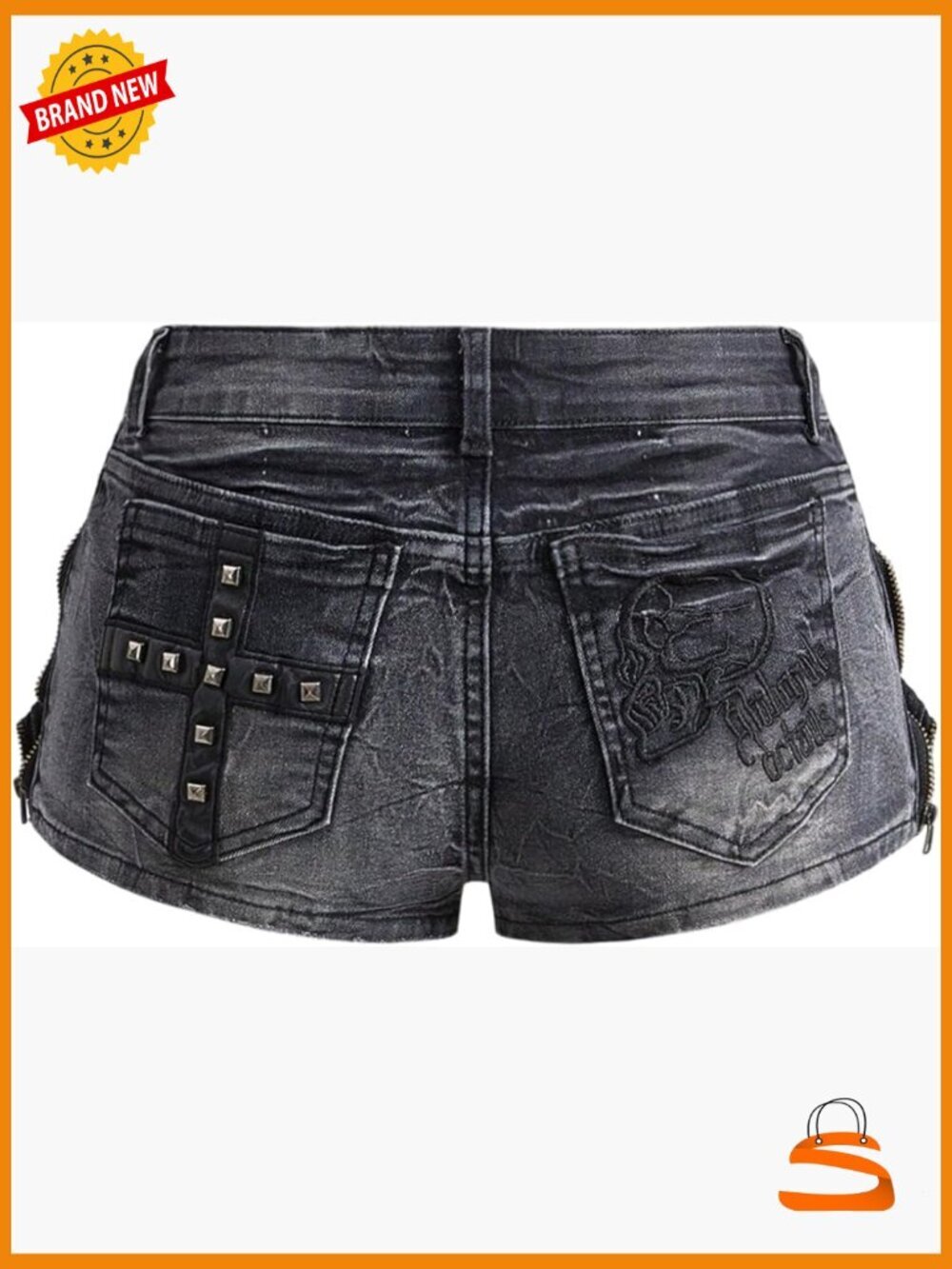 Low Rise Grunge Denim Shorts with Cross Rivets & Skull Embroidery